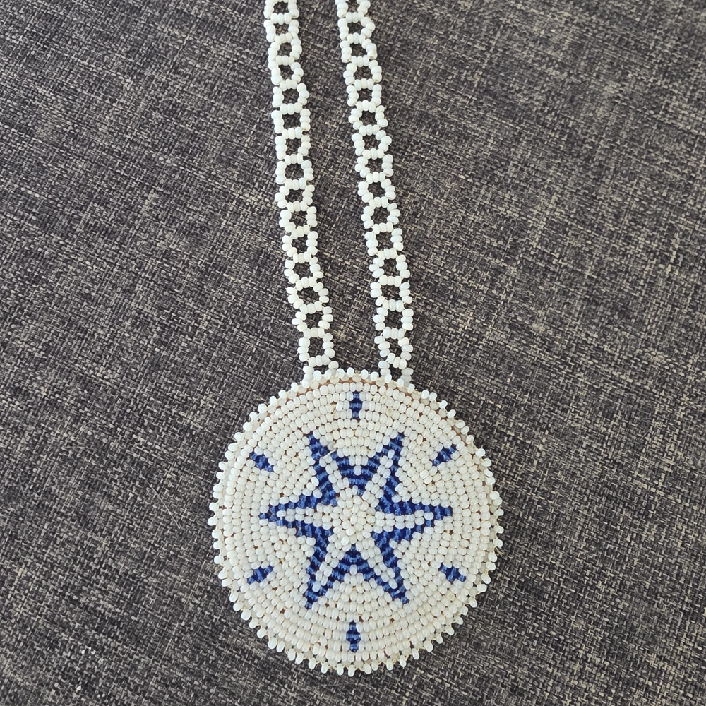 Beaded White and Blue Star Pendant Necklace